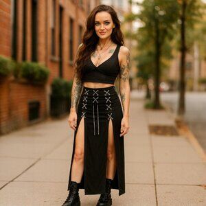 Oh Yes ✦ Lace‑Up Slit Skirt ✦ Black High‑Waist Bodycon Gothic Streetwear M NWT